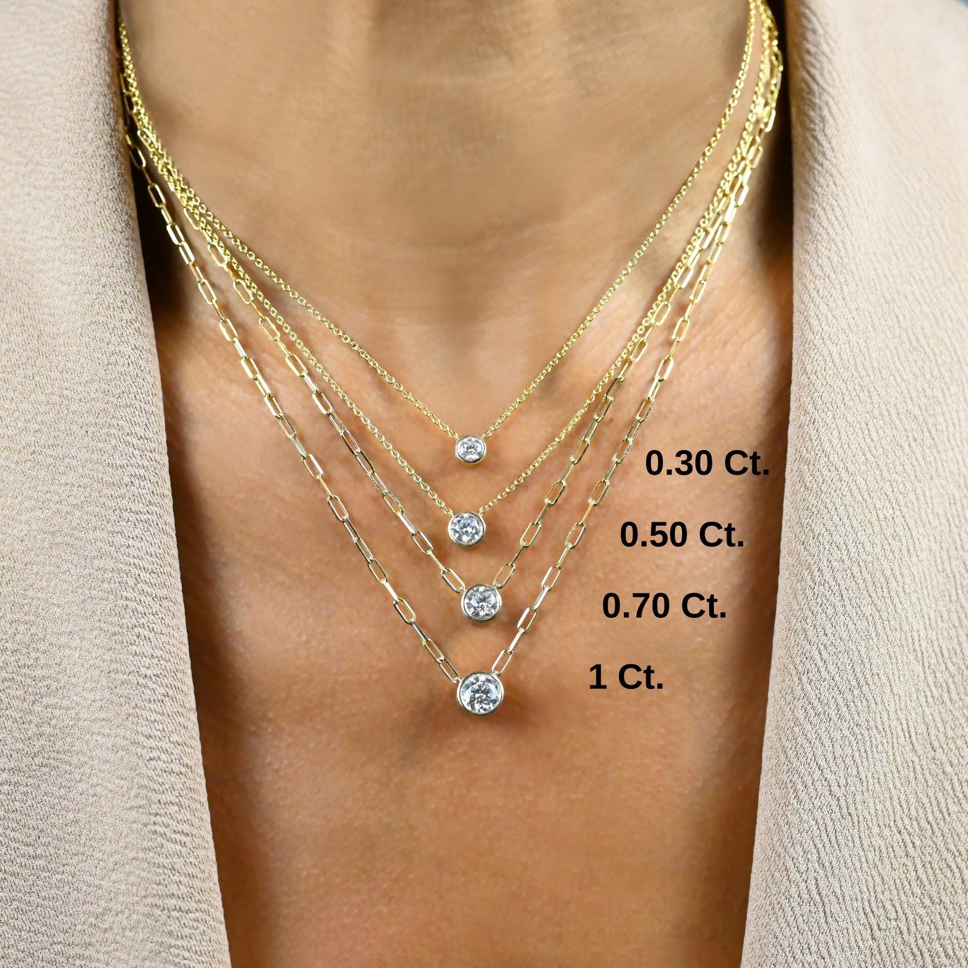 Round Cut Bezel Setting Diamond Solitaire Necklace / 14k Gold Bezel Diamond Necklace / Paperclip & Link Chain / Gift for her