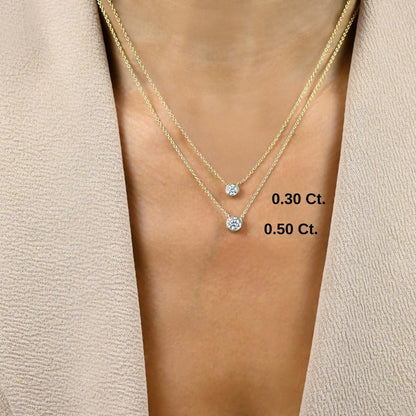 Round Cut Bezel Setting Diamond Solitaire Necklace / 14k Gold Bezel Diamond Necklace / Paperclip & Link Chain / Gift for her