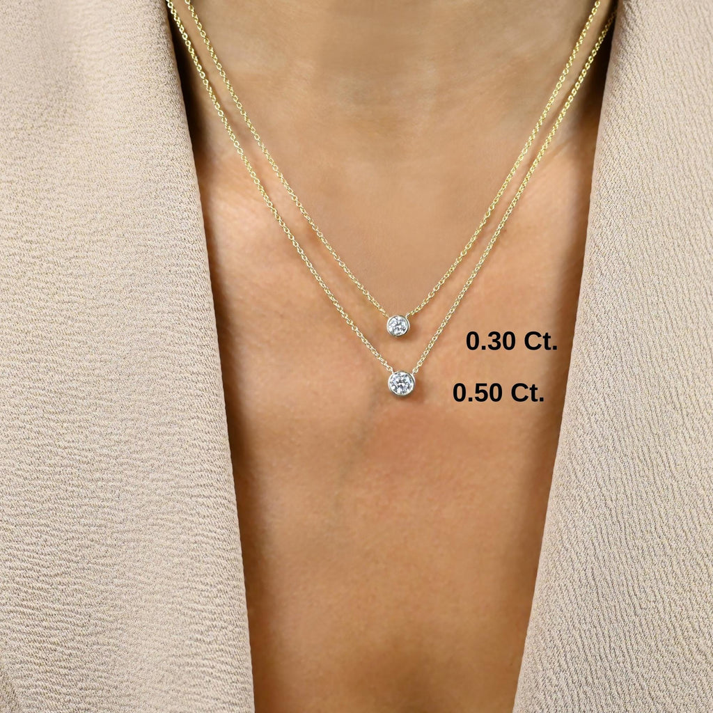 Round Cut Bezel Setting Diamond Solitaire Necklace / 14k Gold Bezel Diamond Necklace / Paperclip & Link Chain / Gift for her