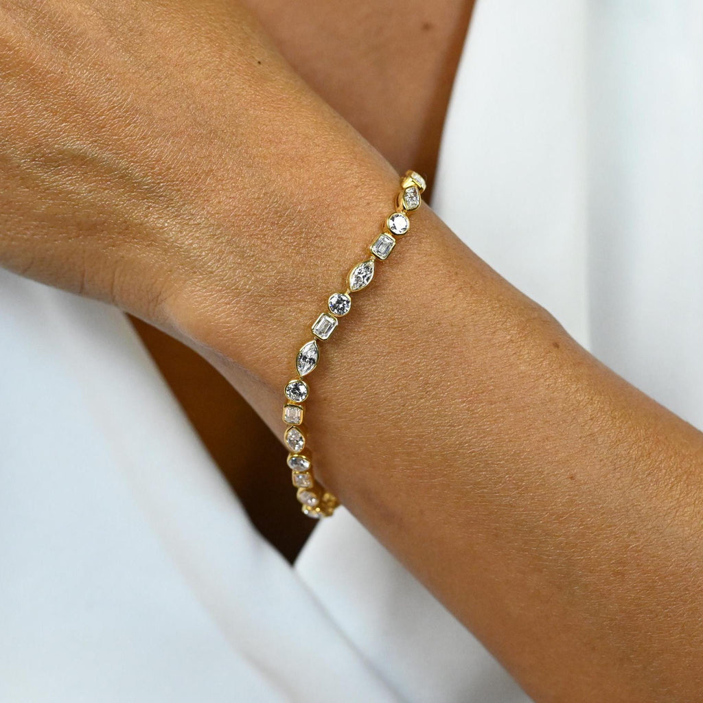 Multi Shape Diamond Bezel Tennis Bracelet / 14k Gold and Diamond Tennis Bracelet / Birthday Graduation Anniversary Gift