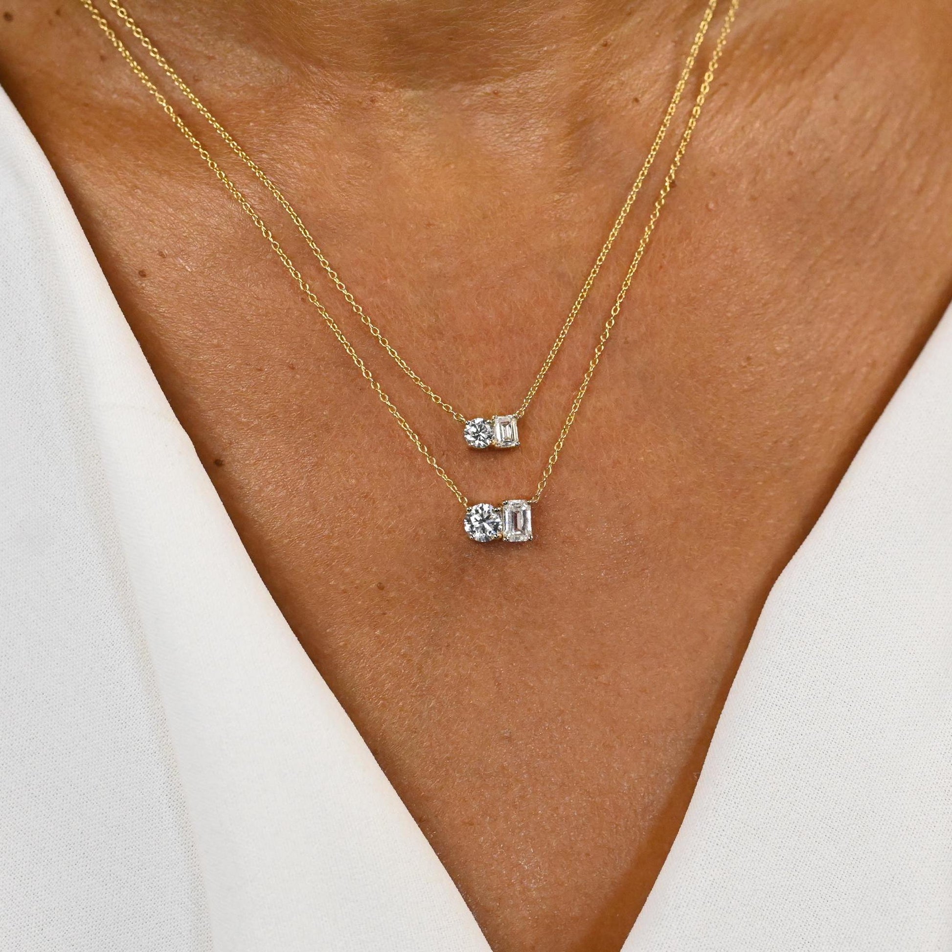Round and Emerald Cut Double Diamond Necklace / 0.50 or 1 Ct Double Diamond Solitaire Necklace / Anniversary Birthday Engagement Gift