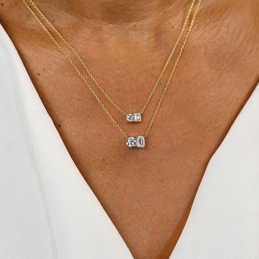 Round and Emerald Cut Double Diamond Necklace / 0.50 or 1 Ct Double Diamond Solitaire Necklace / Anniversary Birthday Engagement Gift
