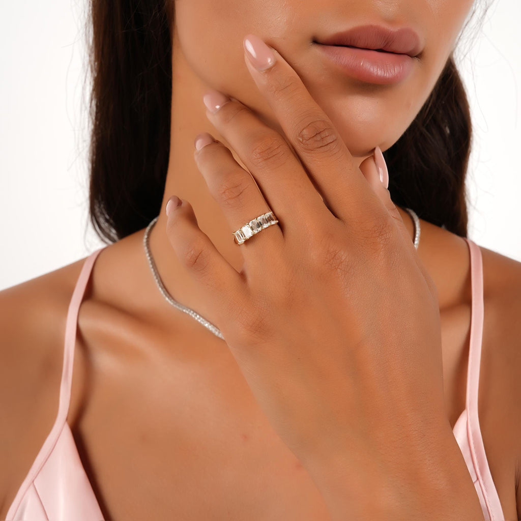 Emerald Cut Five Stone Diamond Promise Ring, 14k Gold Anniversary Band