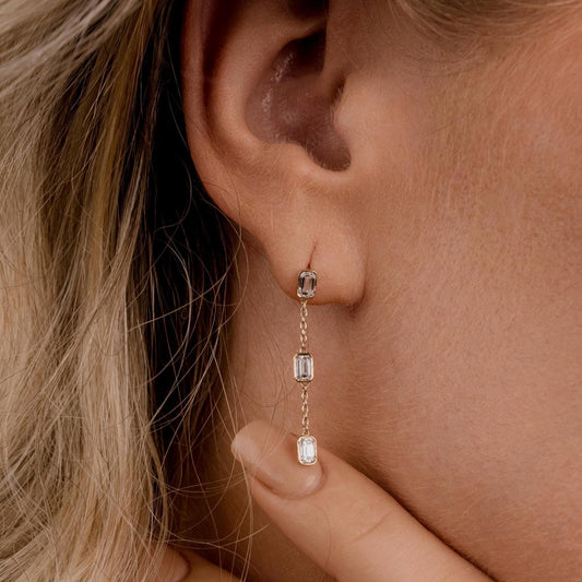 Emerald Cut Bezel Diamond Dangling Earrings / 14k Gold Diamond Earrings / Anniversary Gift / Birthday Gift /Graduation Gift / Bridal Gift