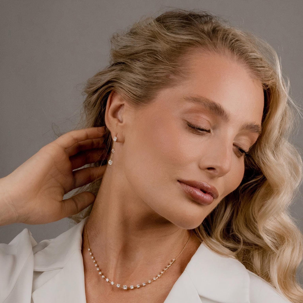 14k Gold Diamond Dangle Earrings: Oval Bezel, Natural or Lab Grown