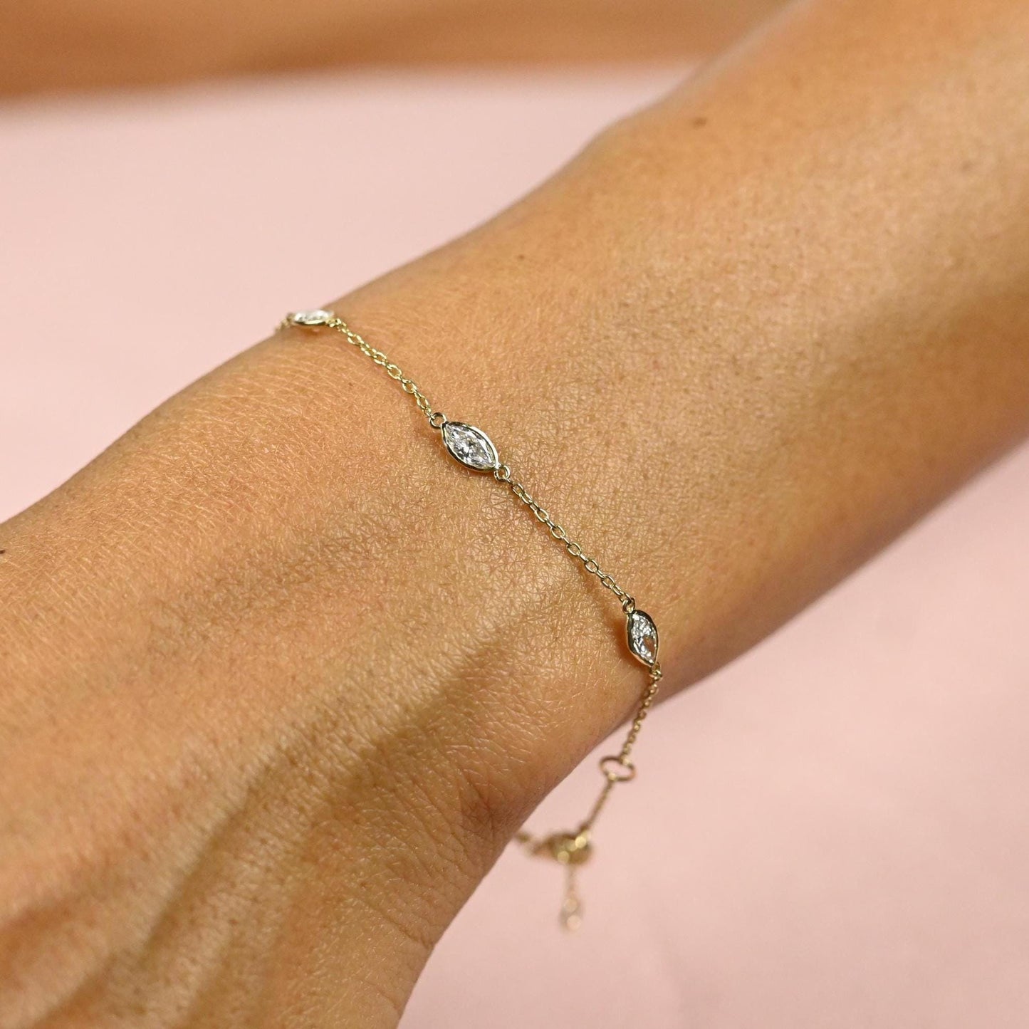 14k Gold Marquise Diamond Station Bracelet: Natural or Lab Grown