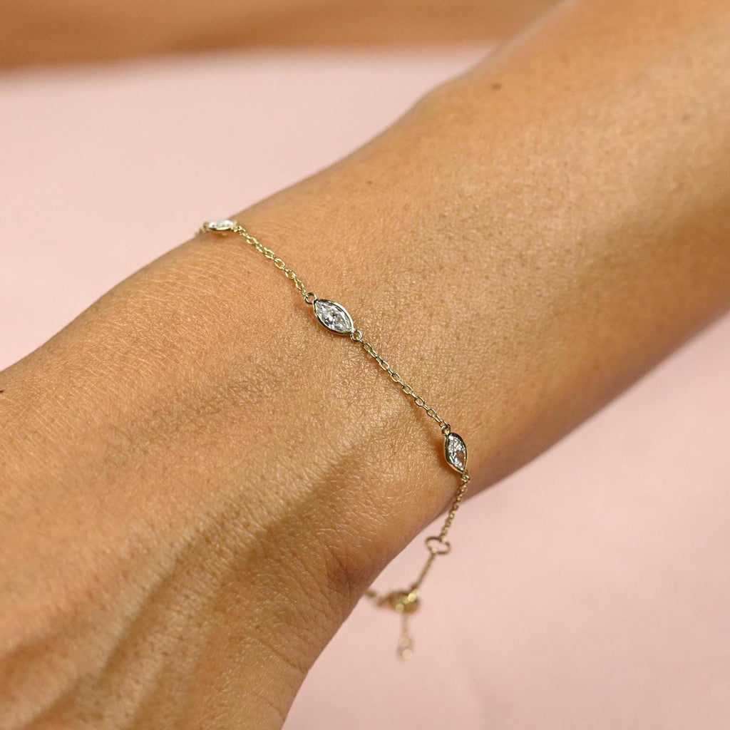 14k Gold Marquise Diamond Station Bracelet: Natural or Lab Grown