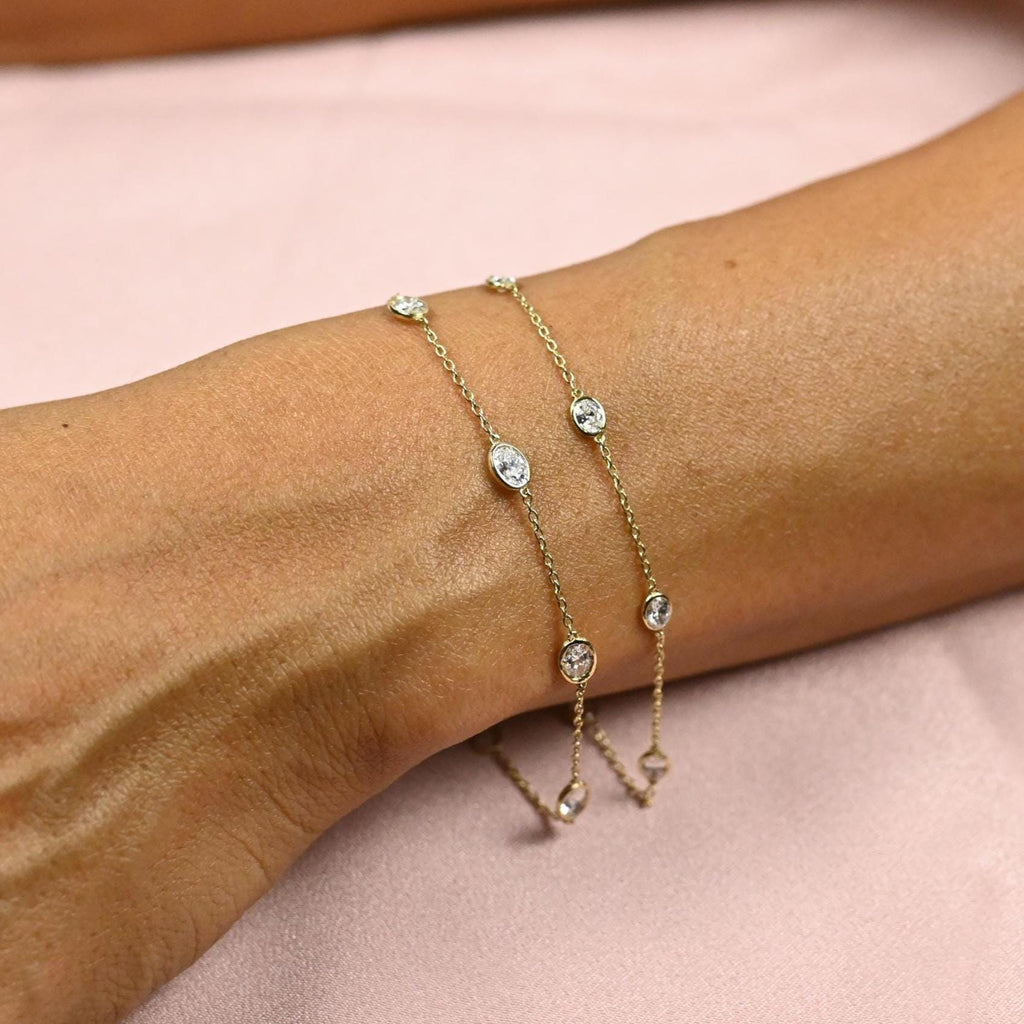 14k Gold Oval Diamond Station Bracelet: Natural or Lab Grown