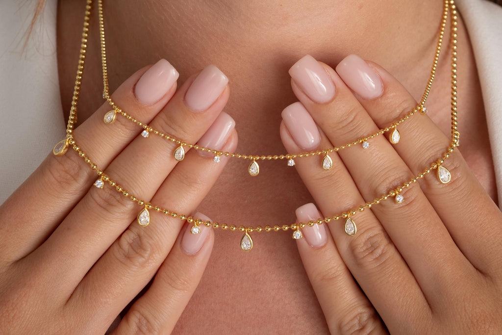 14k Gold Pear Diamond Station Dangle Necklace: Dainty Ball Chain Layering Necklace