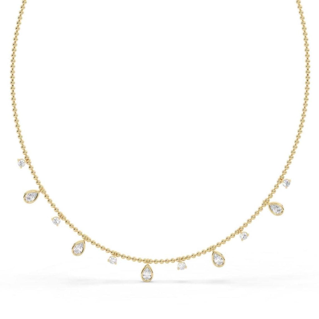 14k Gold Pear Diamond Station Dangle Necklace: Dainty Ball Chain Layering Necklace
