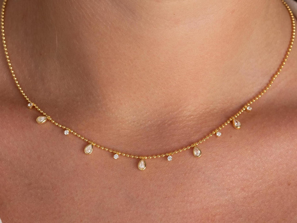 14k Gold Pear Diamond Station Dangle Necklace: Dainty Ball Chain Layering Necklace