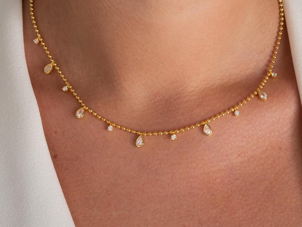 14k Gold Pear Diamond Station Dangle Necklace: Dainty Ball Chain Layering Necklace