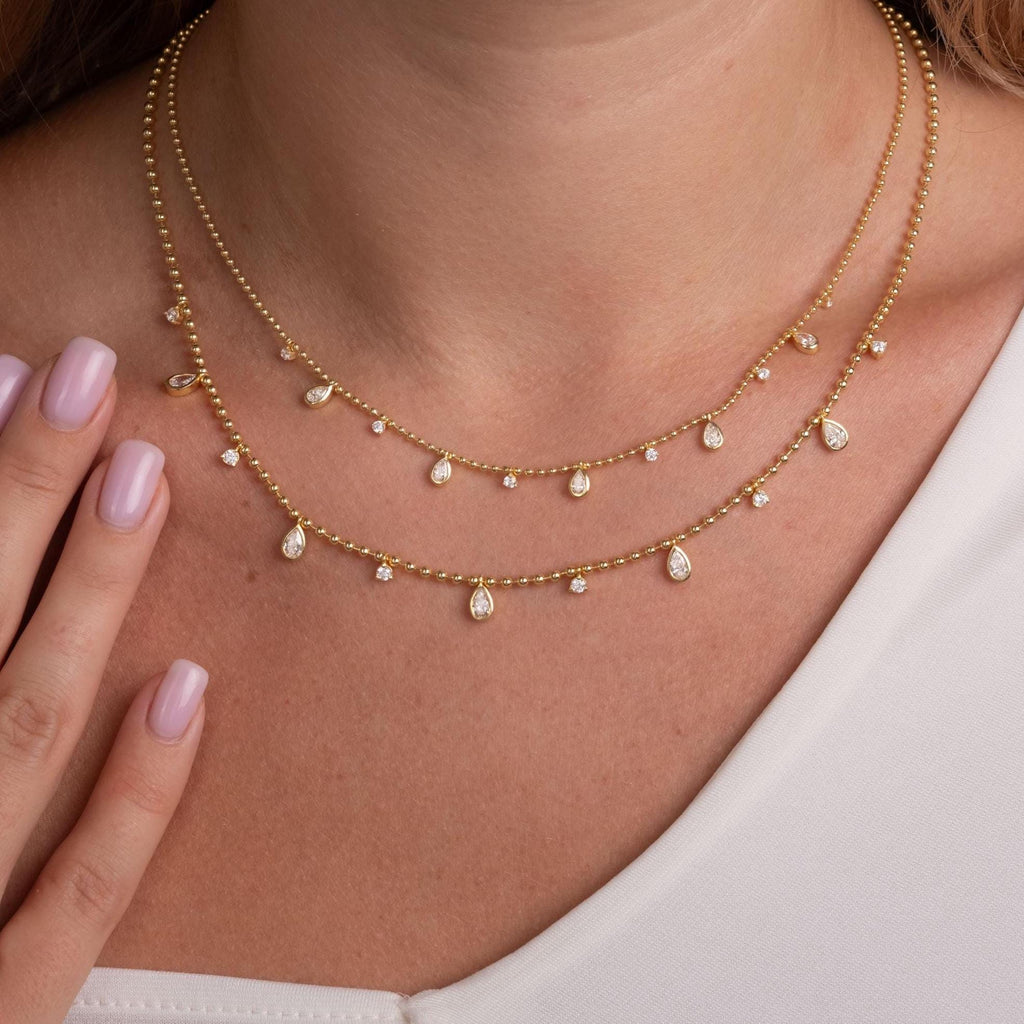 14k Gold Pear Diamond Station Dangle Necklace: Dainty Ball Chain Layering Necklace