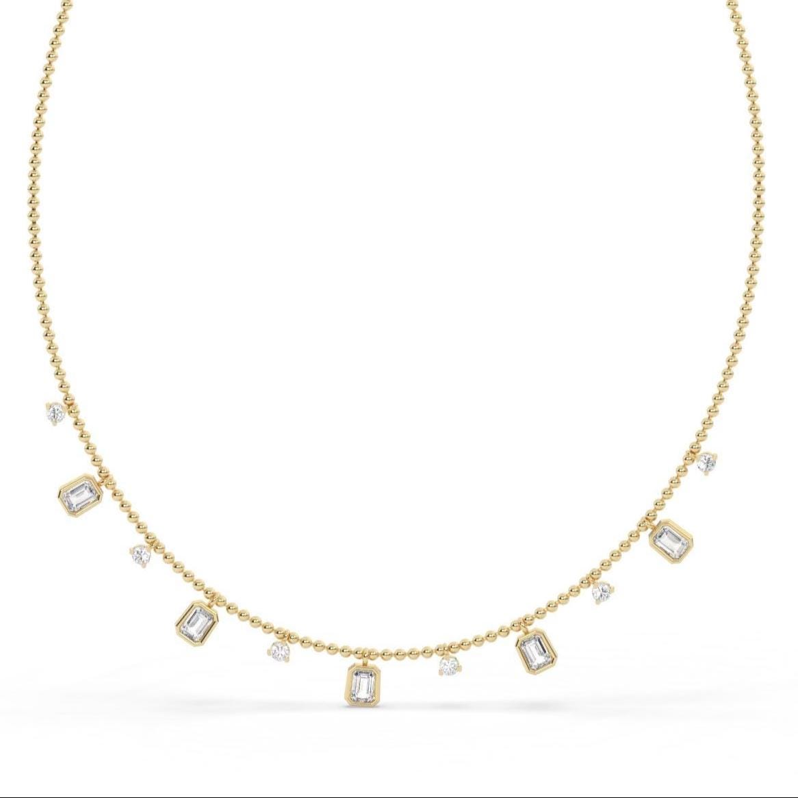 Dainty 14k Gold Emerald Cut Diamond Station Dangle Necklace - Ball Chain