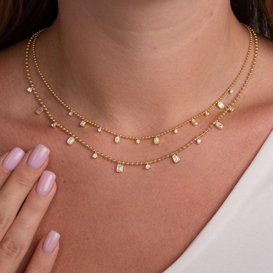 Dainty 14k Gold Emerald Cut Diamond Station Dangle Necklace - Ball Chain