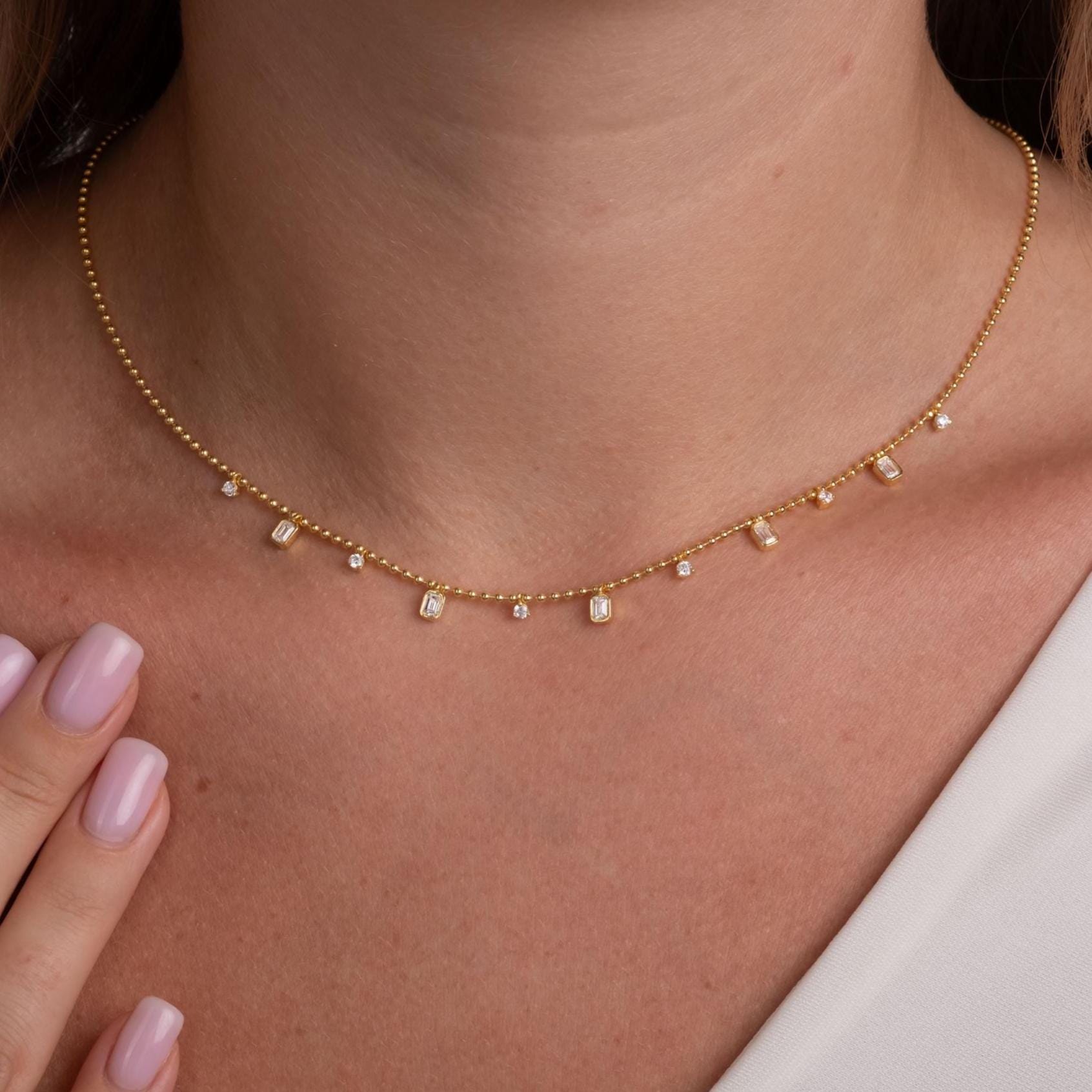 Dainty 14k Gold Emerald Cut Diamond Station Dangle Necklace - Ball Chain