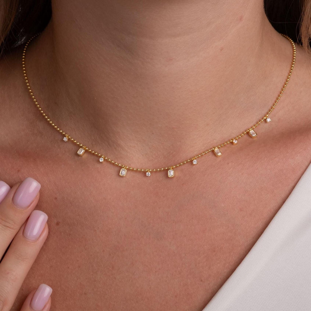 Dainty 14k Gold Emerald Cut Diamond Station Dangle Necklace - Ball Chain