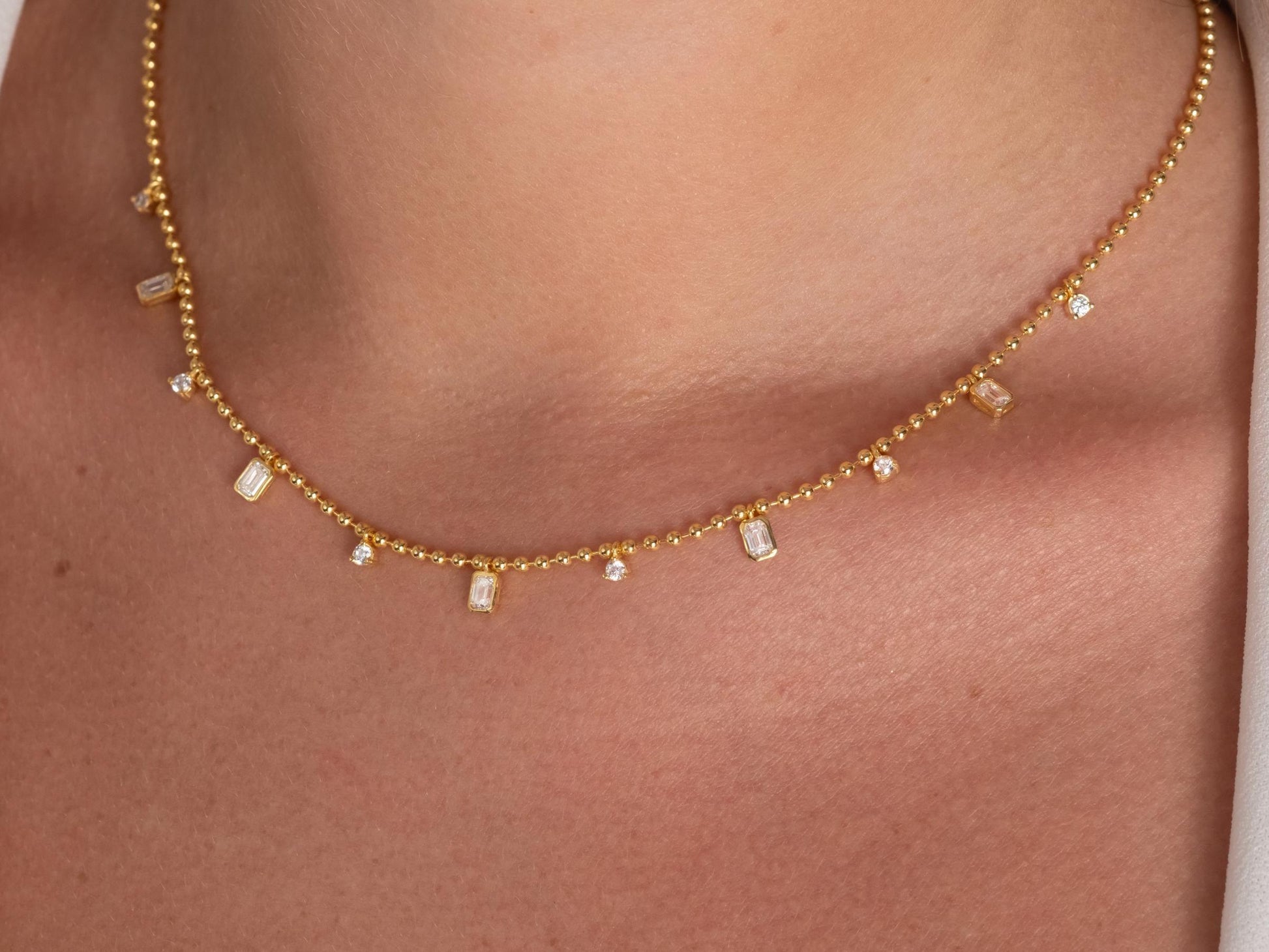 Dainty 14k Gold Emerald Cut Diamond Station Dangle Necklace - Ball Chain