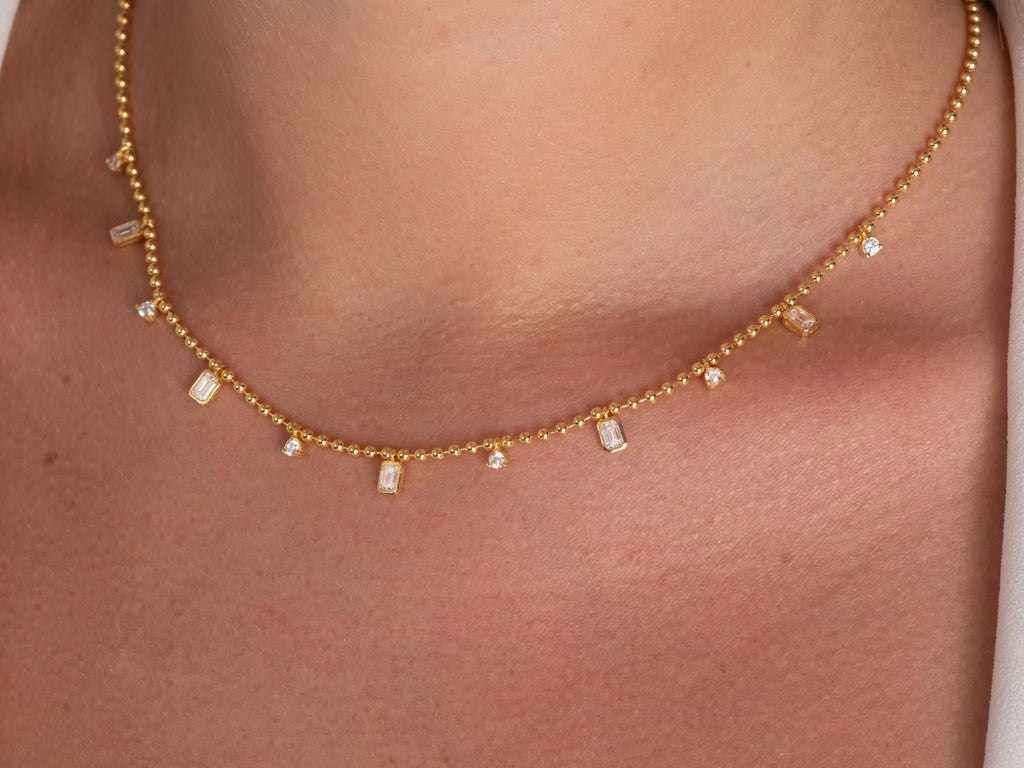 Dainty 14k Gold Emerald Cut Diamond Station Dangle Necklace - Ball Chain