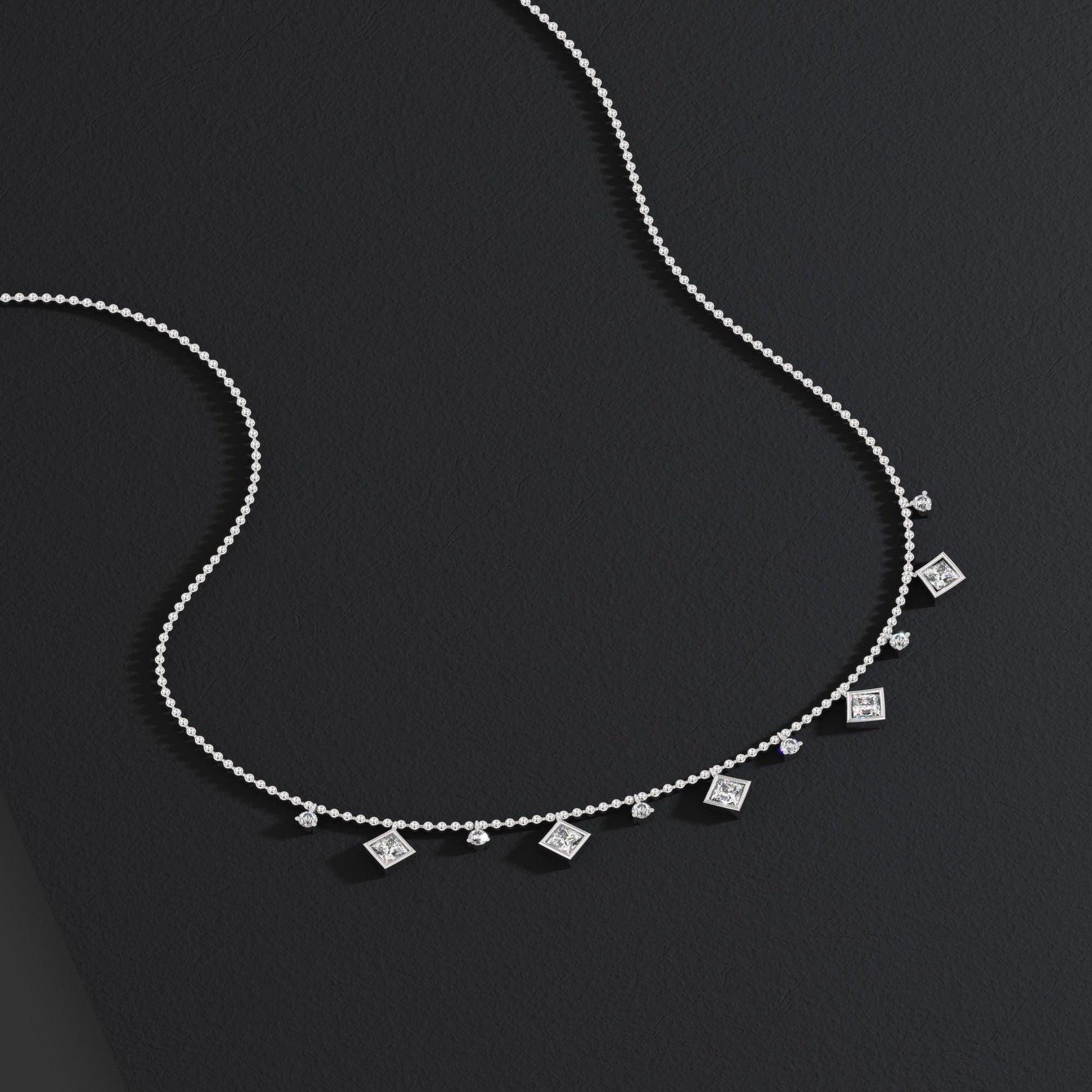Princess Cut Diamond Station Necklace / 14k Gold Diamond Necklace / Dainty Bead Chain Diamond Necklace / Ball Chain Layering Necklace