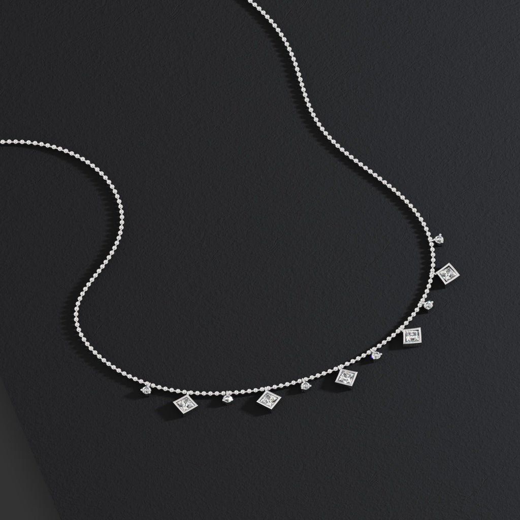 Princess Cut Diamond Station Necklace / 14k Gold Diamond Necklace / Dainty Bead Chain Diamond Necklace / Ball Chain Layering Necklace