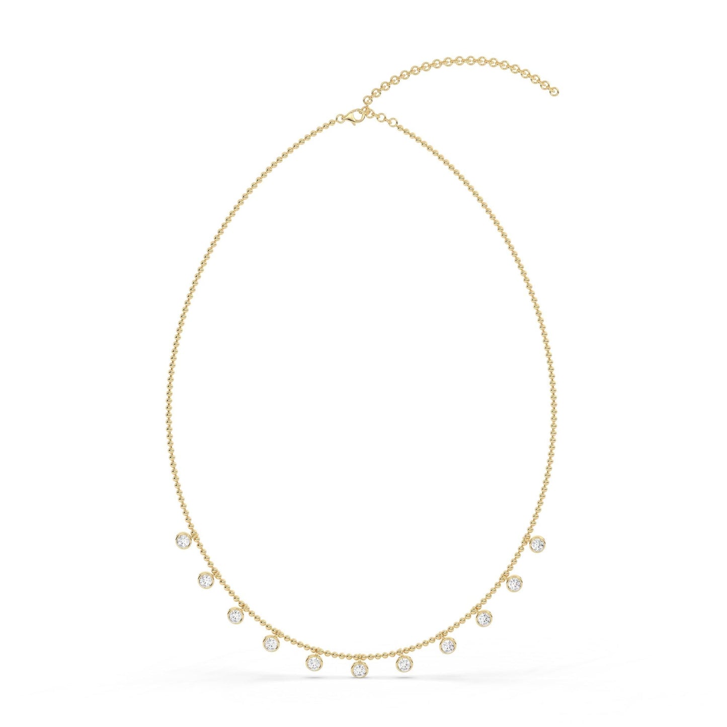 14k Gold Diamond Station Necklace: Bezel Set Ball Chain