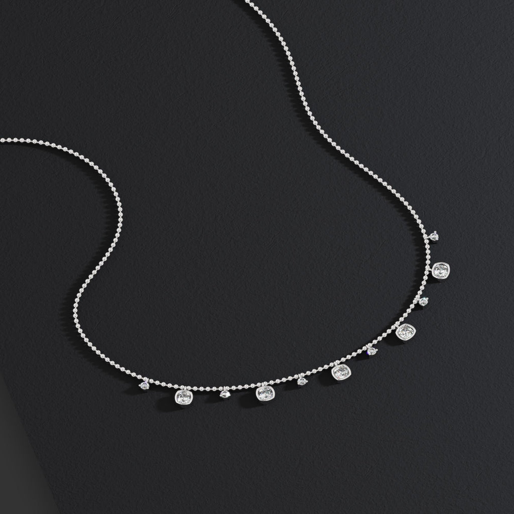 Dainty 14k Gold Cushion Cut Diamond Station Necklace - Ball Chain layering necklace