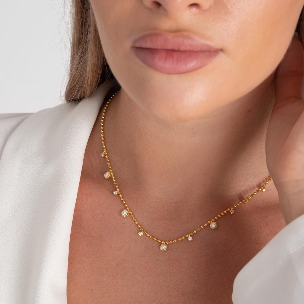 Dainty 14k Gold Cushion Cut Diamond Station Necklace - Ball Chain layering necklace