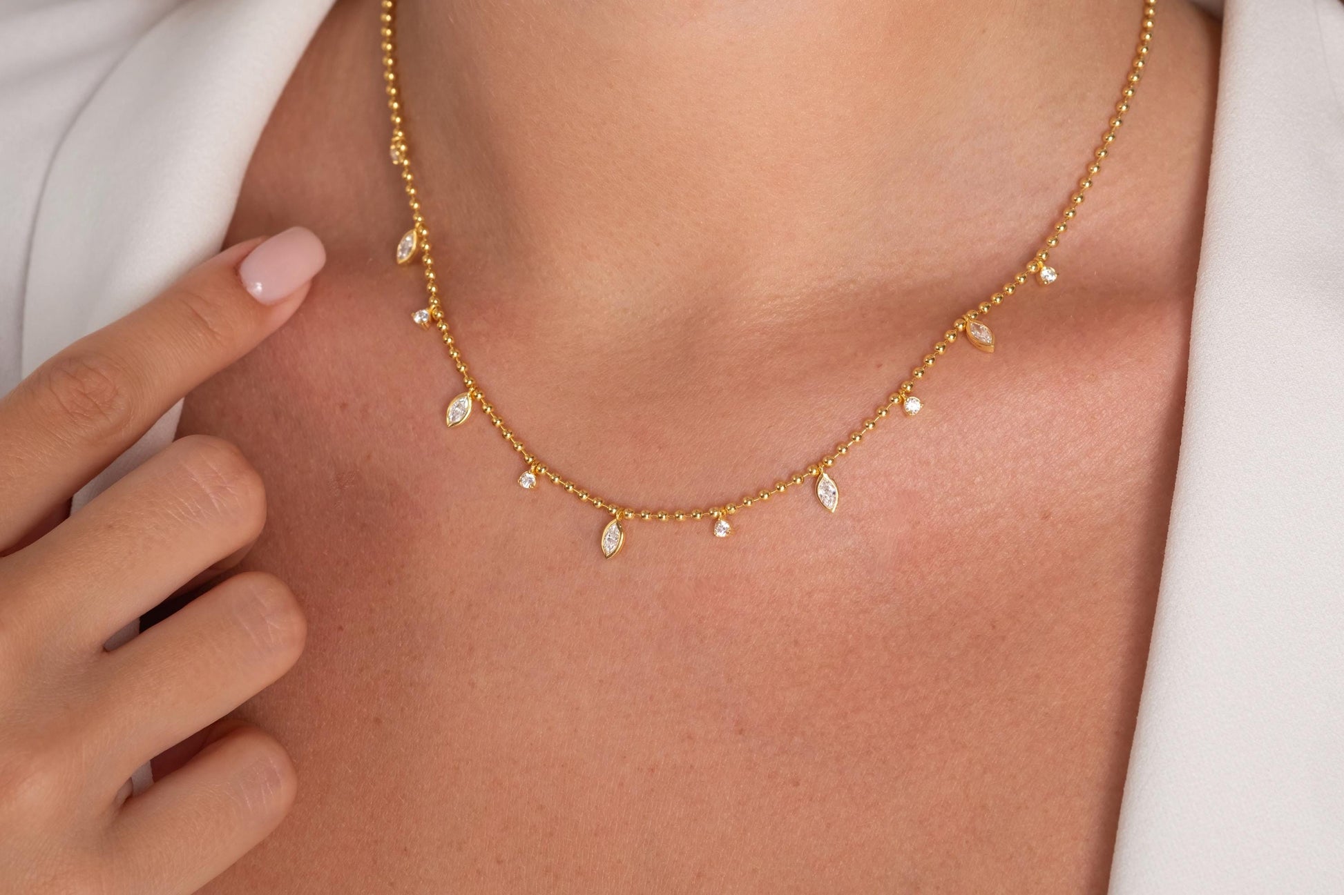 Diamond Ball Chain Station Necklace / 14k Gold Marquise Cut Diamond Station Necklace /Dainty Diamond Necklace / Bead Chain Layering Necklace