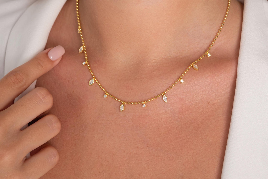 Diamond Ball Chain Station Necklace / 14k Gold Marquise Cut Diamond Station Necklace /Dainty Diamond Necklace / Bead Chain Layering Necklace