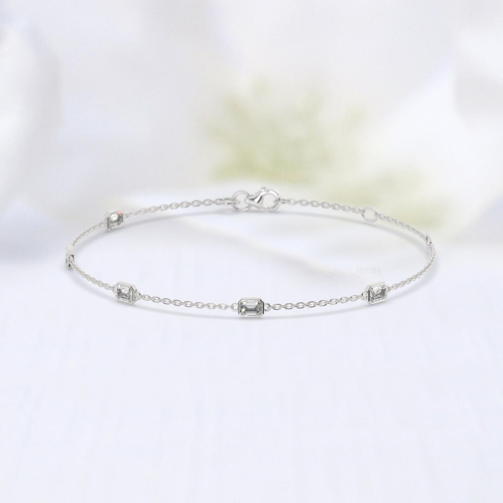 14k Gold Emerald Cut Diamond Station Bracelet: Dainty Birthday Gift