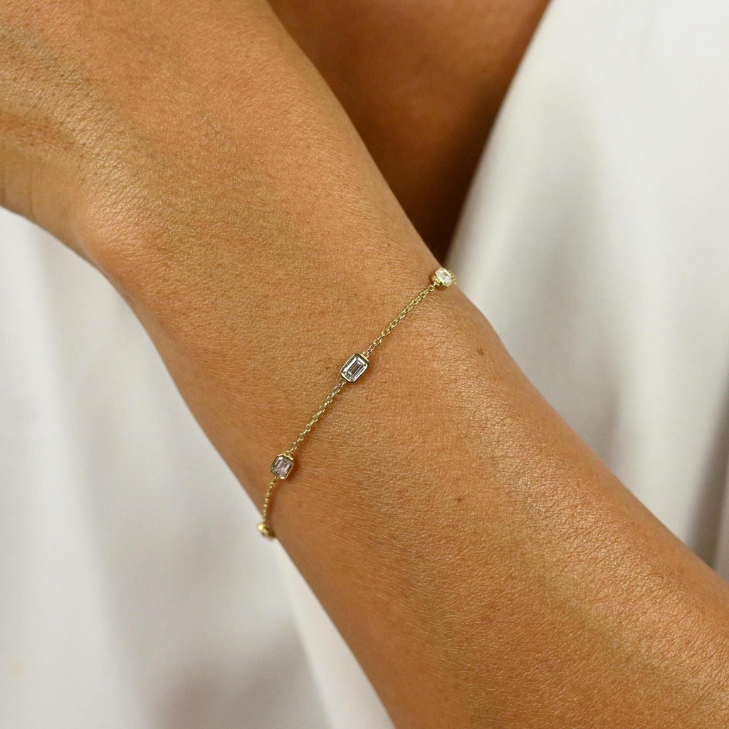 14k Gold Emerald Cut Diamond Station Bracelet: Dainty Birthday Gift