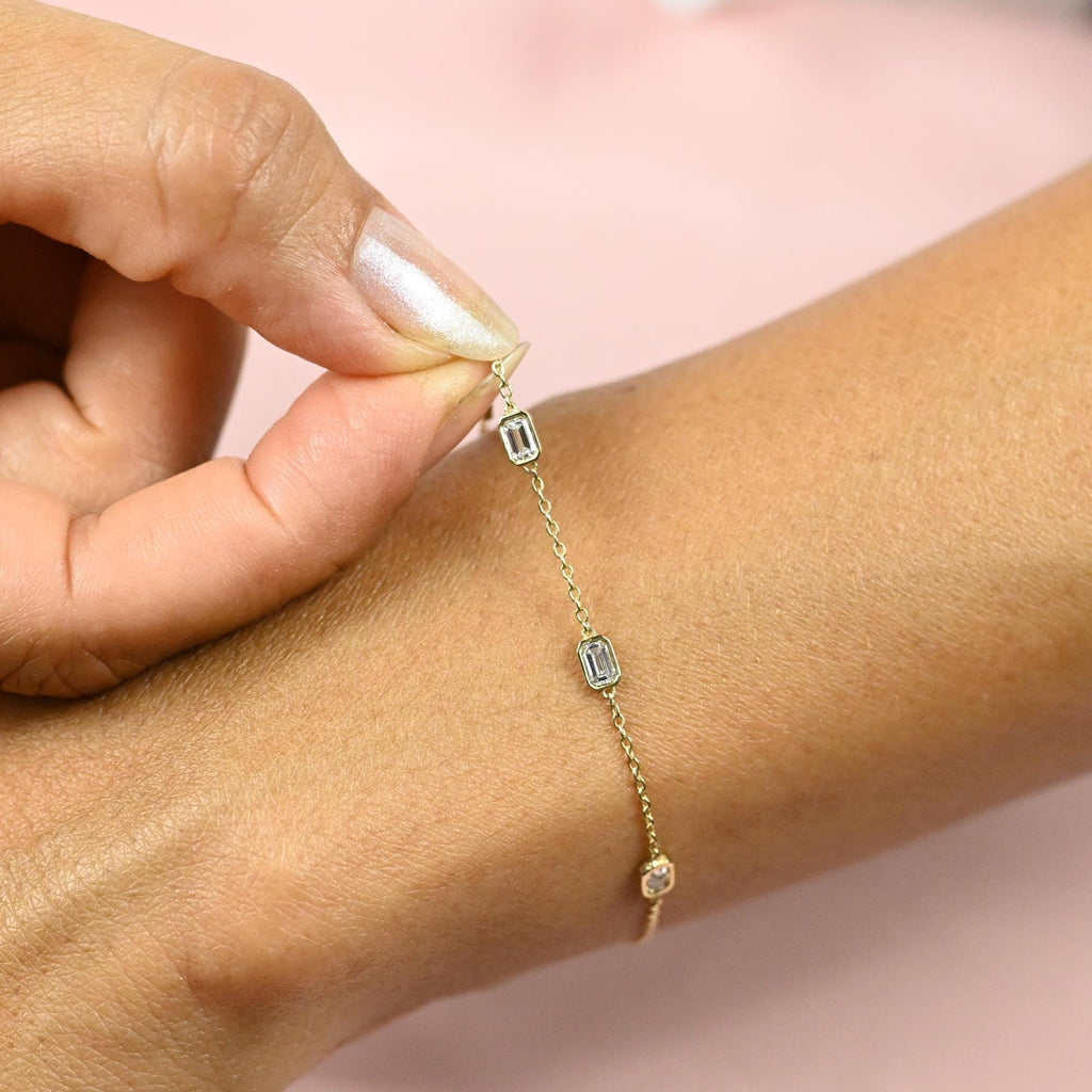 14k Gold Emerald Cut Diamond Station Bracelet: Dainty Birthday Gift