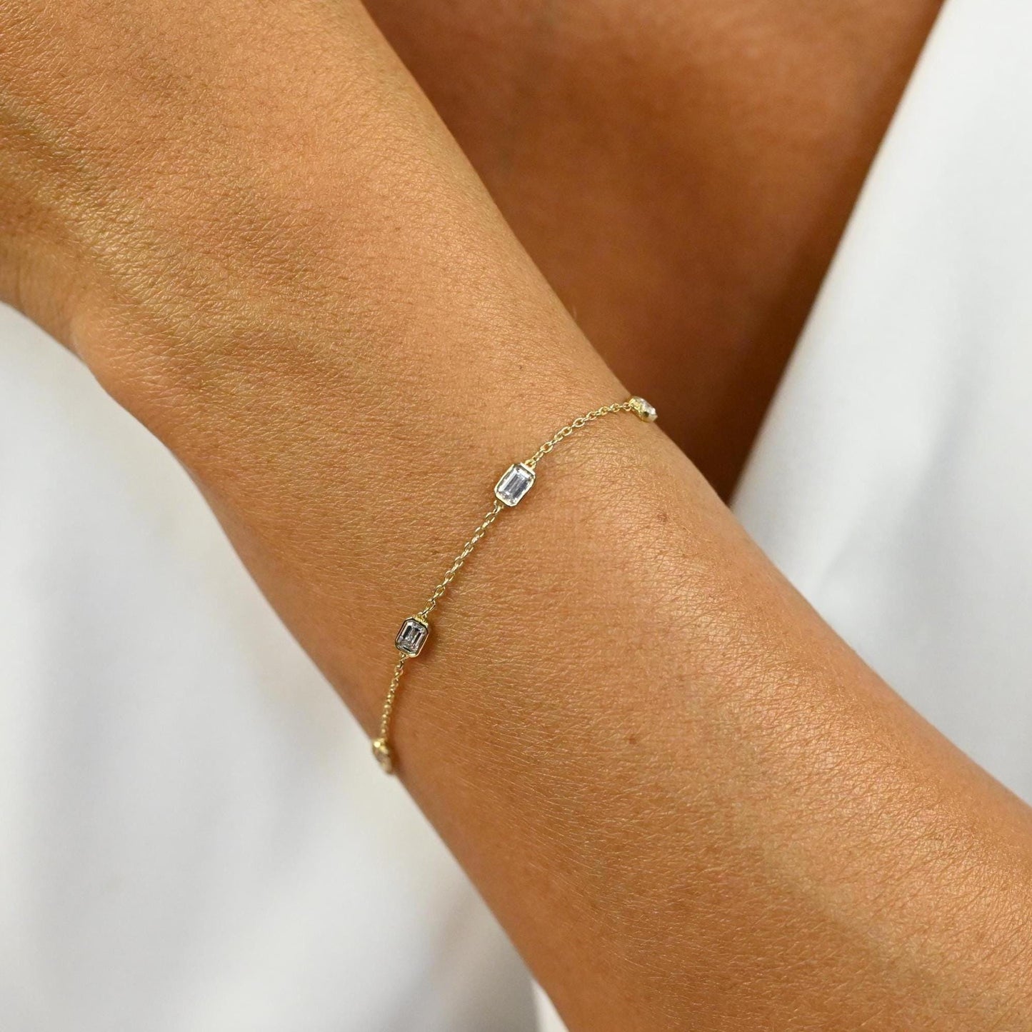 14k Gold Emerald Cut Diamond Station Bracelet: Dainty Birthday Gift