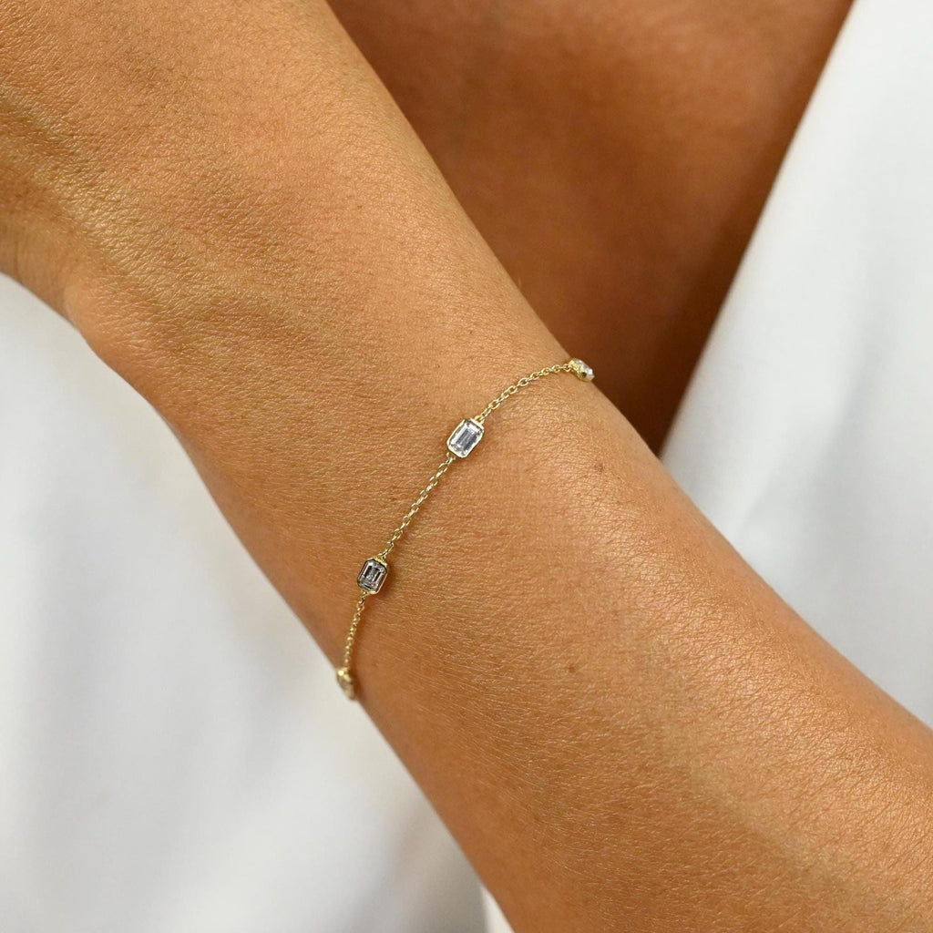 14k Gold Emerald Cut Diamond Station Bracelet: Dainty Birthday Gift