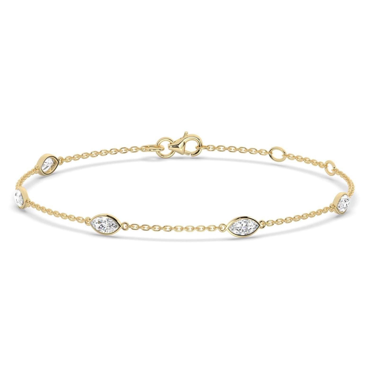 14k Gold Marquise Diamond Station Bracelet: Natural or Lab Grown