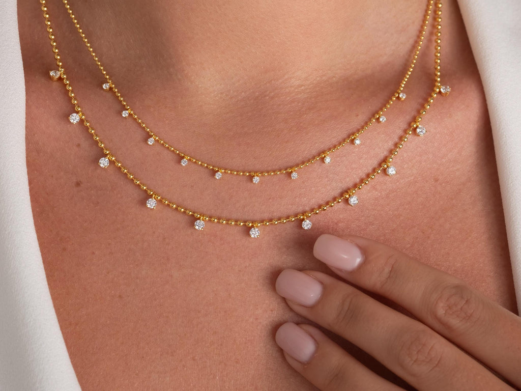 14k Gold Diamond Station Necklace: Dainty Ball Chain Layering Necklace Prong Set, Dainty Gold