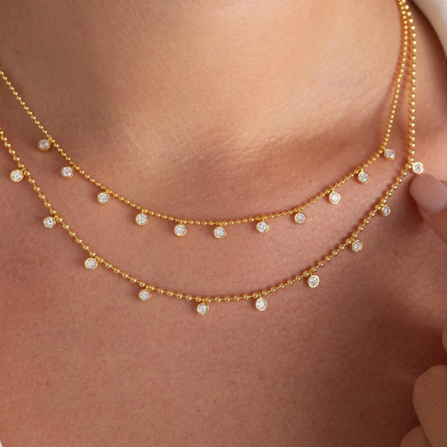 14k Gold Diamond Station Necklace: Bezel Set Ball Chain