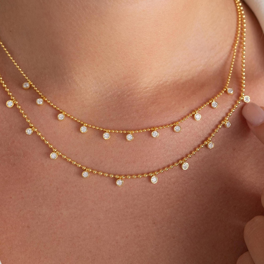 14k Gold Diamond Station Necklace: Bezel Set Ball Chain