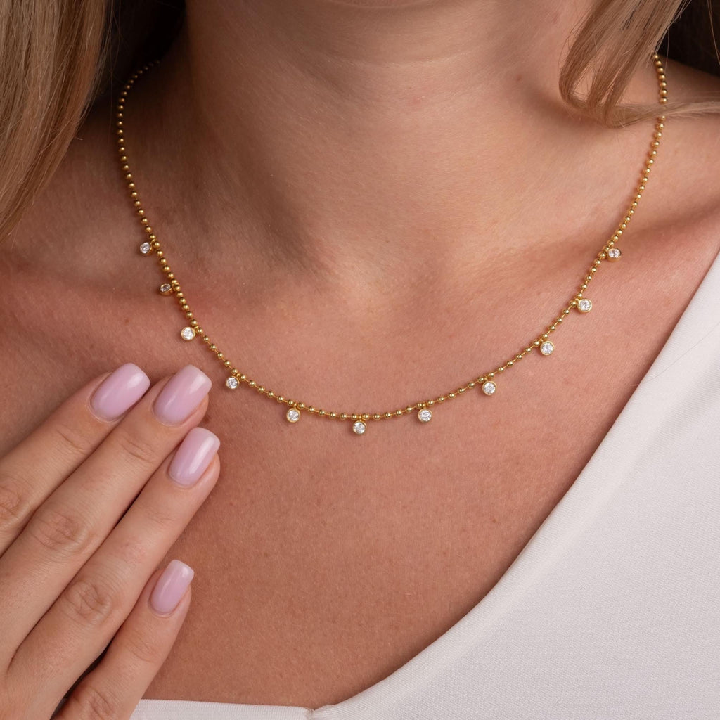 14k Gold Diamond Station Necklace: Bezel Set Ball Chain