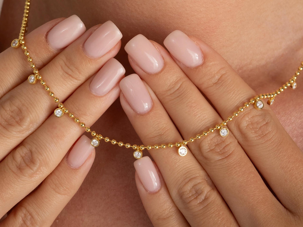 14k Gold Diamond Station Necklace: Bezel Set Ball Chain