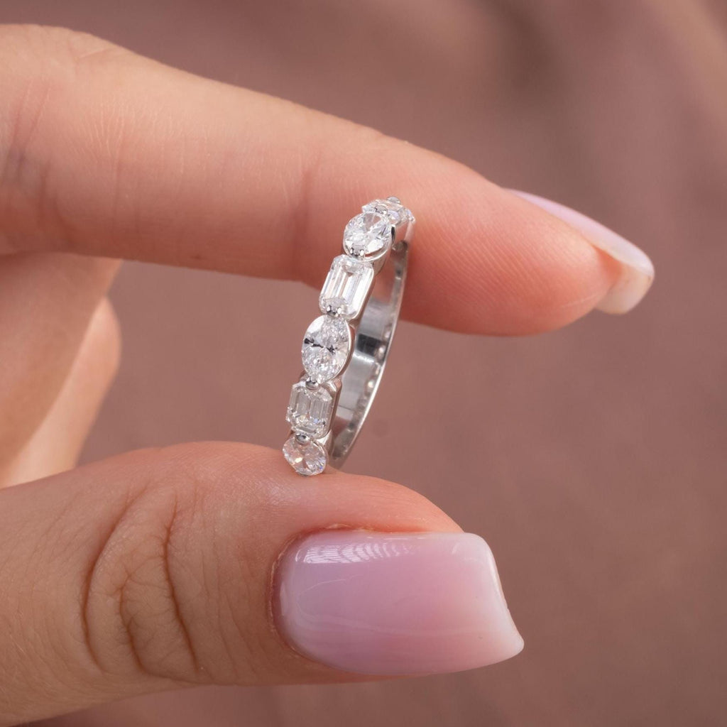 14k Gold Emerald & Oval Diamond Wedding Band - 1.7 CT