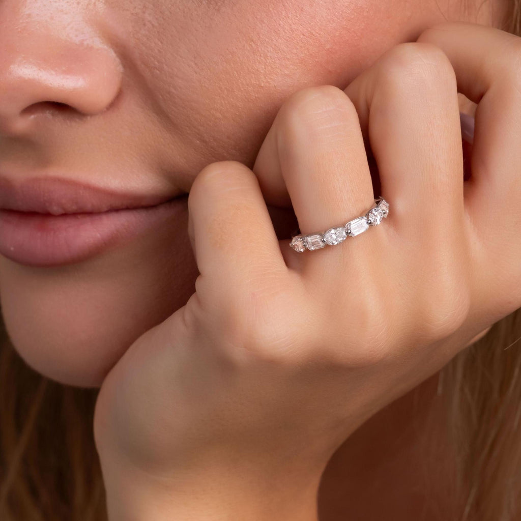 14k Gold Emerald & Oval Diamond Wedding Band - 1.7 CT