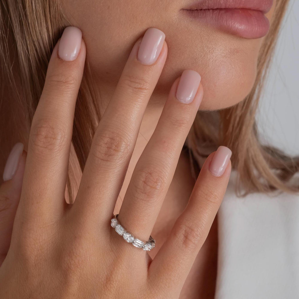 14k Gold Emerald & Oval Diamond Wedding Band - 1.7 CT