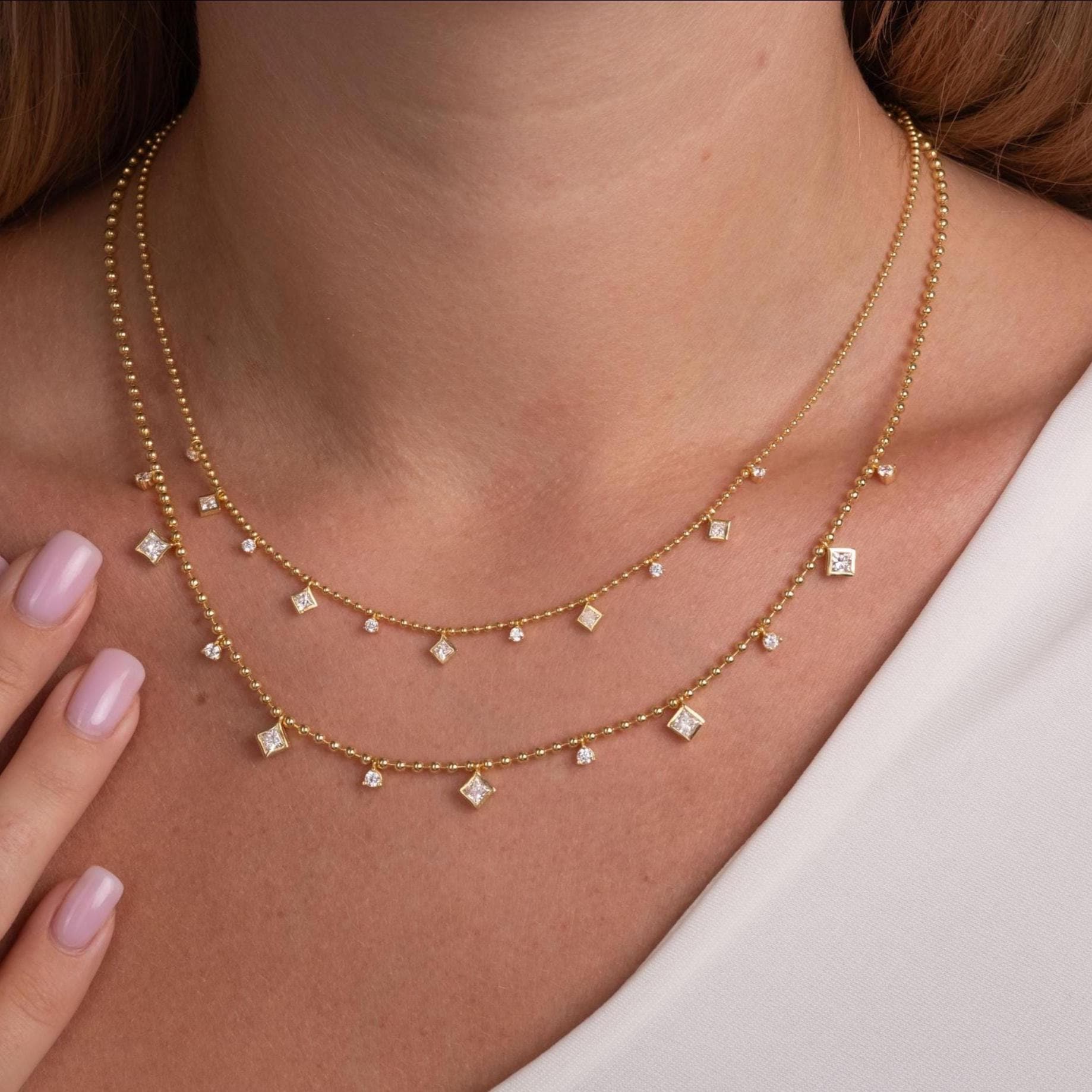 Princess Cut Diamond Station Necklace / 14k Gold Diamond Necklace / Dainty Bead Chain Diamond Necklace / Ball Chain Layering Necklace