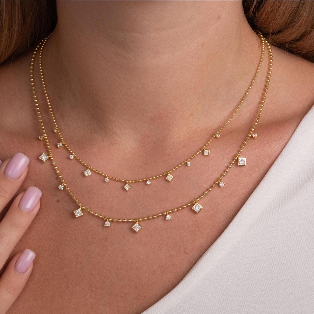 Princess Cut Diamond Station Necklace / 14k Gold Diamond Necklace / Dainty Bead Chain Diamond Necklace / Ball Chain Layering Necklace
