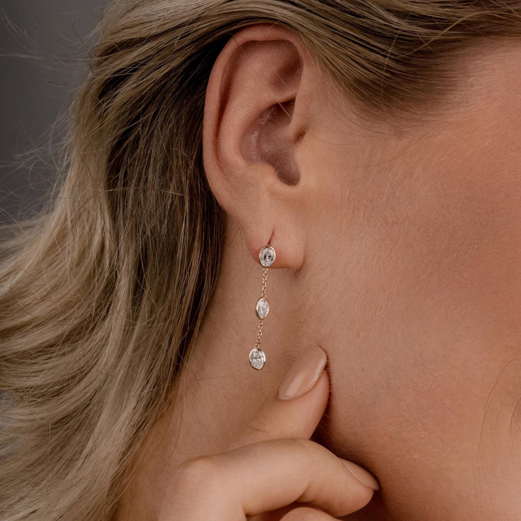 14k Gold Diamond Dangle Earrings: Oval Bezel, Natural or Lab Grown