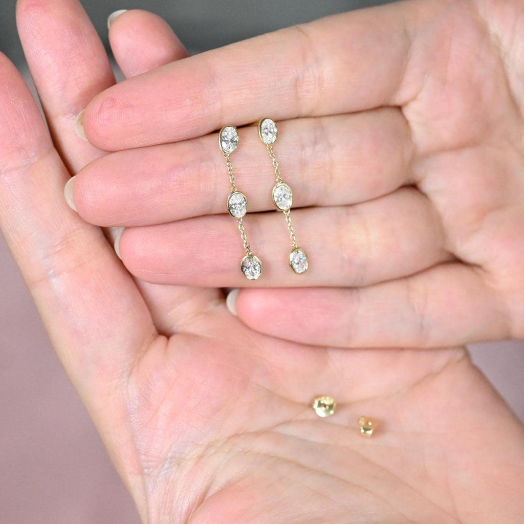 14k Gold Diamond Dangle Earrings: Oval Bezel, Natural or Lab Grown