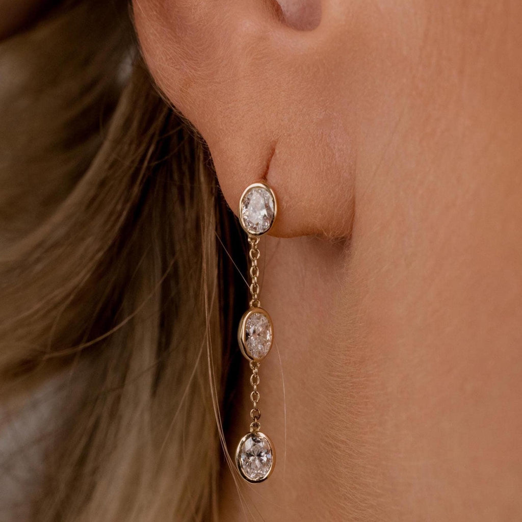 14k Gold Diamond Dangle Earrings: Oval Bezel, Natural or Lab Grown