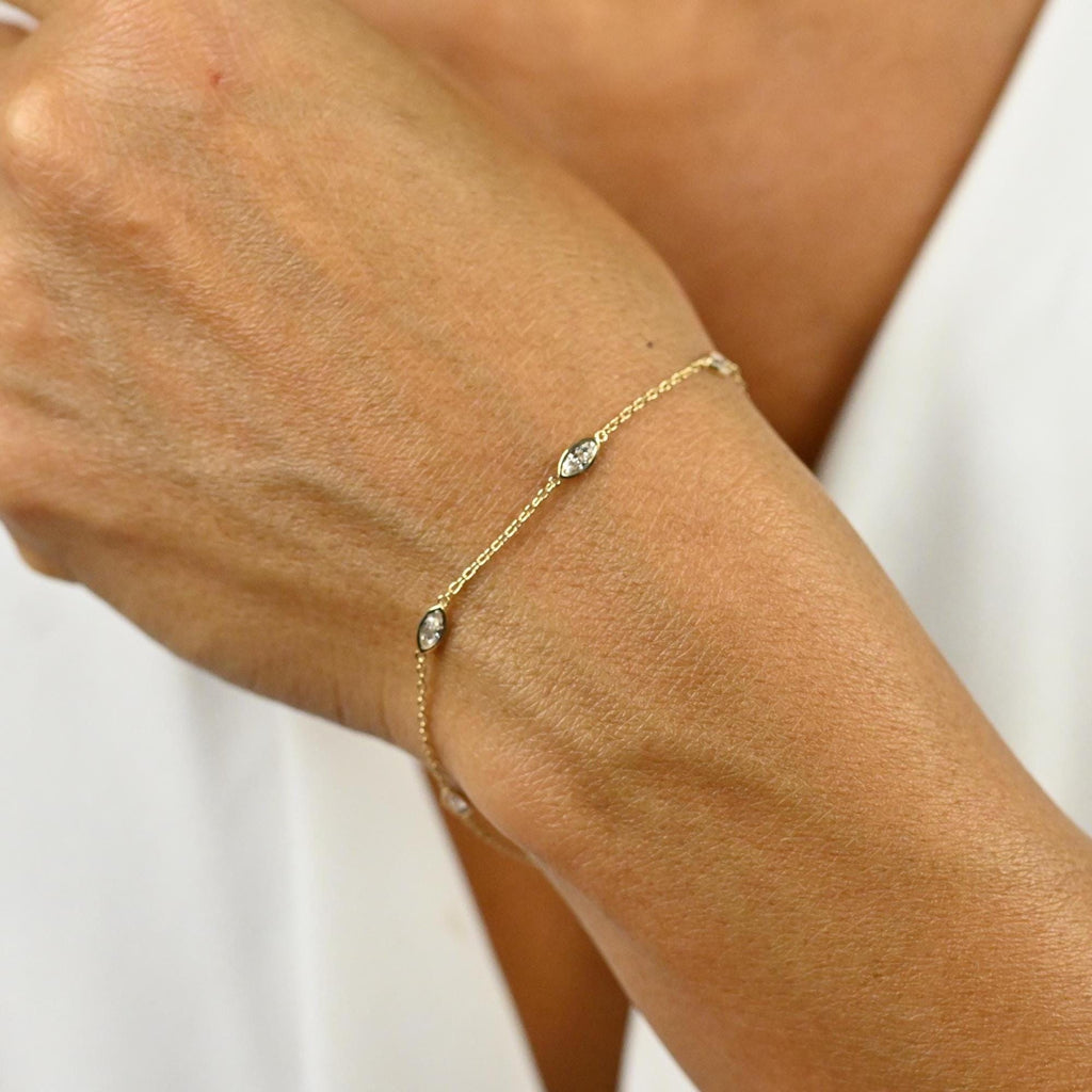 14k Gold Marquise Diamond Station Bracelet: Natural or Lab Grown